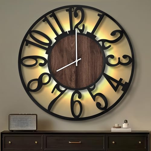 Maxstar 80CM Große Wanduhr Für Wohnzimmer, Batteriebetrieben,Still, Holzstil, Moderne LED-Wanduhr Für Schlafzimmer, Garage, Büro, Esszimmer, Küchendekor (Arabische Ziffer, Schwarz-32)