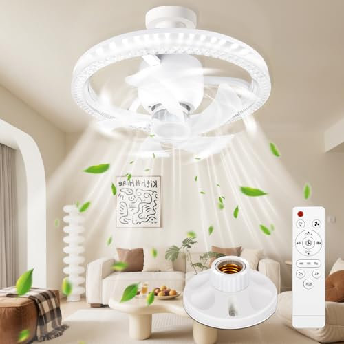 YOOHBERRYS Ventilateur de Plafond avec Lumiere et Telecommande, Ventilateur Plafond Silencieux avec Douille E27, Plafonnier Ventilateur, 360° Rotation, 3 Vitesses,Timing (30cm*20cm)
