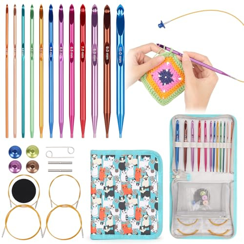 Reessy 12 Sizes Tunisian Crochet Hooks Set Interchangeable with Case | 3mm-10mm Colorful Aluminium Tunisian Crochet Hook with Cable, Long Tunisian Crochet Hooks Set for Beginners & Professionals