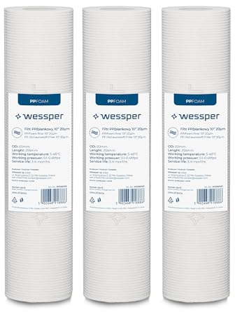 Wessper Wickel vattenfilter för omvänd osmos 20 mikron, 10 tum skumförfilter, avlägsnar sand, rost och lera – högt flöde och lång livslängd – 3 stycken