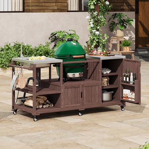 Merax 75.4 Outdoor Kitchen Island with Sink, Solid Wood Outdoor Grill Cart for Big Green Egg Grills, Rolling Outdoor Bar Cart with Stainless Steel Top for Pizza Prep & BBQ, Brown