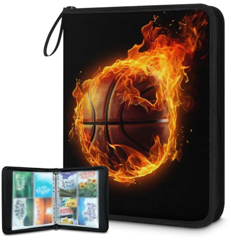Carpeta de tarjetas coleccionables con 4 bolsillos para tarjetas de baloncesto de fuego, carpeta con patrón de pelota deportiva, álbum de tarjetas con fundas extraíbles, libro de tarjetas impermeable