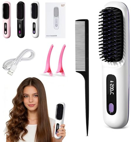 Cepillo Alisador de Pelo Inalámbrico, Cepillo de Pelo con Iones Negativos, con pantalla LED, Recarga USB, 3 niveles de temperatura para cabello liso, rizado y seco, compacto y portátil (Blanco)