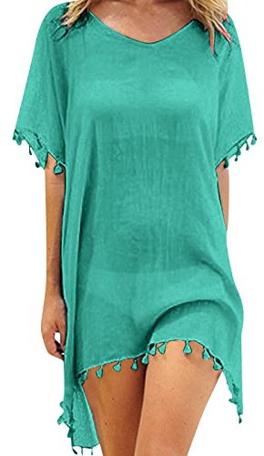 YOSUWOAI Vestido de playa para mujer, bikini con flecos, vestido de verano, camiseta larga, túnica, poncho de playa, elegante, caftán, gasa, manta con borla, para playa y mar