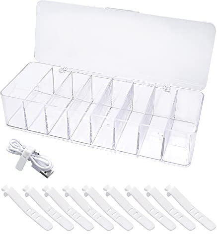 Scatola organizer per cavi, in plastica trasparente, per la gestione dei cavi, con 8 scomparti e 10 fascette per cavi, per ufficio, uso domestico