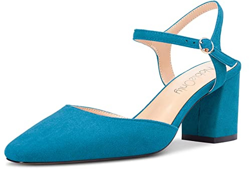 NobleOnly Donna Medio Chunky Blocco Tacco Heel Chiusa Quadrata Punta Slingback Cinturino alla Caviglia Sandali Feste Dress Scarpe 6.5 CM Heels Blu A 38 EU