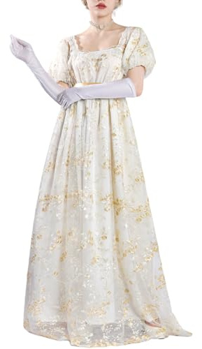 CR ROLECOS Empire Robe pour femme – Robe Regency victorienne avec manches bouffantes pour mariage et bal, or, M