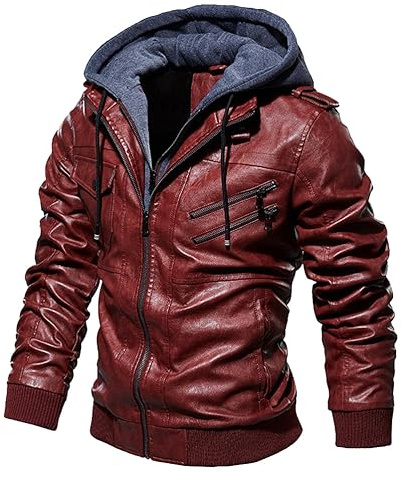 Oanviso Manteaux en Cuir pour Homme Blouson à Capuche Veste de Moto Cuir PU Manteau Hiver Chaud Slim Fit Veste Casual Parka Automne Manteaux avec Zip A Rouge L
