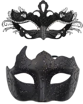 JewelryWe Venetiansk mask, par, maskerad mask, metallmask med strass, ögonmask, kostym, masker set för kvinnor och män, halloween, karneval, fest, avslutningsbal