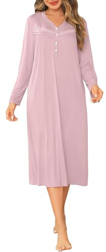 Vlazom Chemise de Nuit Femme Manches Longues Grande Taille Robe de Nuit Col en V avec Boutons,A-Rose Foncé,S