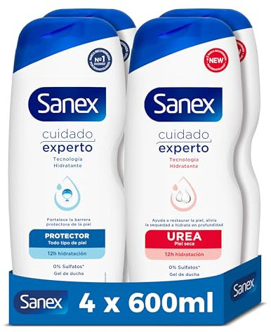 Sanex - Geles de Ducha - Pack 4 x 600ml - 2x Cuidado Experto + 2x Urea - Con Tecnología Hidratante - Hidratación Profunda y Duradera - Restaura la Piel - Alivia la Sequedad - 12 Horas de Hidratación