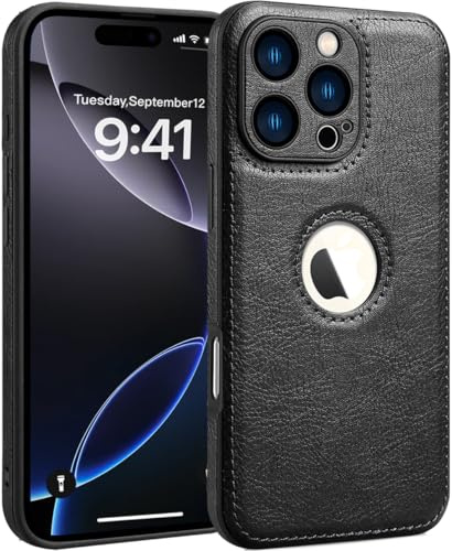 SOUTEM Custodia in pelle PU per iPhone 16 Pro Max,Cover di Protezione per L'obiettivo della Fotocamera,PU Pelle Sottile Lusso Business Antiscivolo Grip Rugged Antiurto Pieno Protettivo Case(Nero)