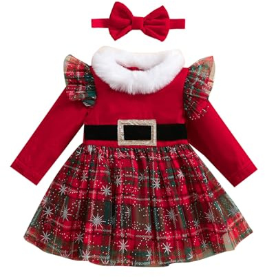 Nicoxijia Robe de Noël pour tout-petit et bébé fille Manches longues Robe de Père Noël en velours rouge avec bandeau Ensemble de vêtements de Noël pour nourrisson, Multicolore, 3-6 mois
