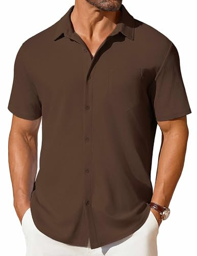 COOFANDY Men's Short Sleeve Knit Shirts Summer Beach Shirt Wedding Untucked No Iron Shirts Brown