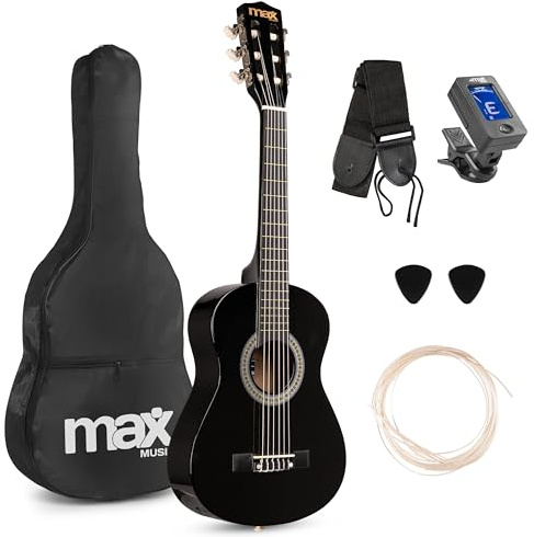 Max SoloArt Junior 1/4 Beginner Acoustic Guitar Starter Kit for Kids, Childrens Wooden Instrument Set with Accessories, Ideal Childrens Beginner Musical Gift, Black