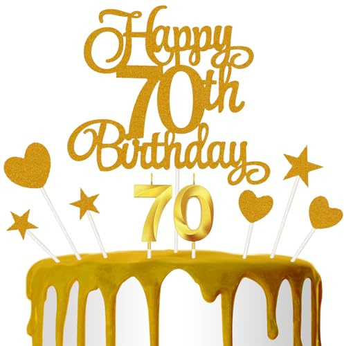 70th Birthday Cake Decoration, 70th Birthday Candle Golden Number Candle Happy Cake Toppers Anniversary Party Celebration Dessert Decoration