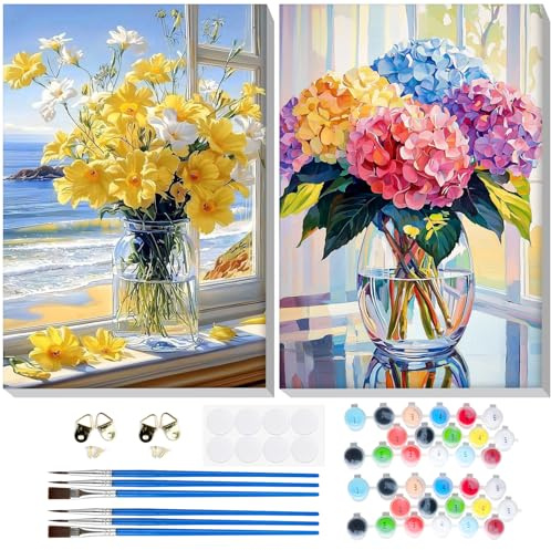 GHHKUD Pintar por Numeros Adultos, Pack 2 Kit de Pintura por Números, con Pinceles, Pigmento Acrílico, Pintura de Dibujo DIY, Flores Paint by Numbers Kit 20X30CM