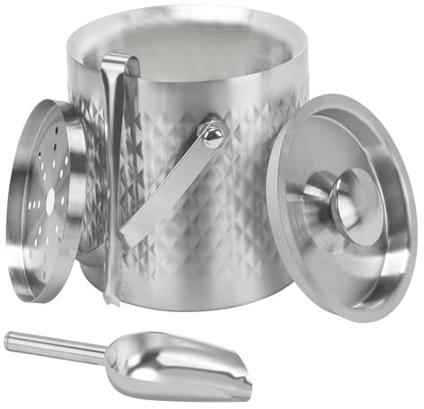 VirtuGro 2L Ice Bucket, Double Walled Insulated Ice Bucket with Lid and Tongs, Scoop, Strainer, Stainless Steel Small Ice Bucket for Home, Bar, Parties, Garden, Clubs, BBQs, Restaurant Ideal for Gift