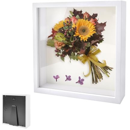 Cornice Portafoto 3D, Cornice da Vetrina per Oggetti da Riempire 25 x 25 cm, con Lastra Acrilica Trasparente, Scatola 3D in Legno Profonda di 3 cm, per Ricordi, Decorazioni Fai da Te, Bianco