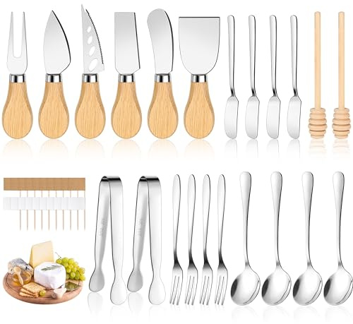 Charcuterie Board Accessories Wooden Handle Cheese Knife Set, 42 Pieces Charcuterie Utensils Include Cheese Knifes, Tongs, Spreaders, Forks, Spoons, Honey Dippers, Flags