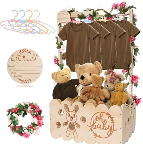 Panier Cadeau en Bois pour Bébé avec Poignée, Panier de Rangement pour Bébé, Coffre de Naissance, Armoire avec Cintres pour Enfants et Guirlande, Panier Personnalisé pour les Futurs Parents