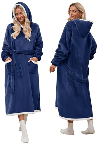 Glamnest Wearable Fleece Blankets for Men - Long Oversized Snuggle Blanket Hoodie with Large Hood Pocket & Sleeves, Fluffy Throw Sweatshirt, Birthday Christmas Gifts 120CM/Blue