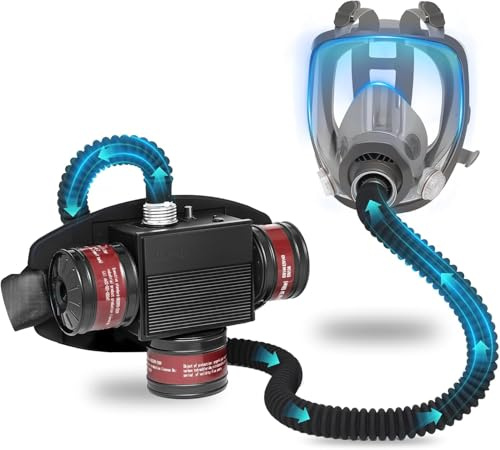 sykua Full Face Air Fed Gas Mask Nuclear and Chemical, Powered Air Supply Purifying Respirator Mask with 3 Pcs 40mm Activated Carbon Filter, Face Masks for Sanding, Resin,Spray Painting,Building Work