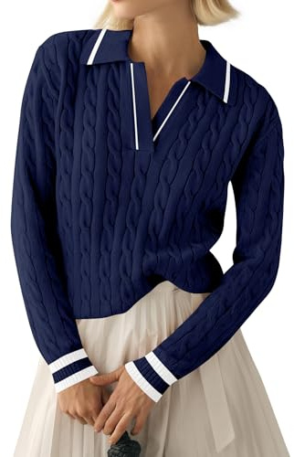 LACOZY Women's Long Sleeve Polo V Neck Sweater Knit Tops Fall Casual Ribbed Shirt Loose Pullover Sweater Winter Navy Blue M