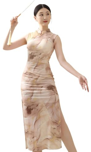 ROYAL SMEELA Women's Qipao High Slit Dress Sleeveless Printed Mesh Cheongsam Mandarin Collar for Party Event Daily Wear Brown