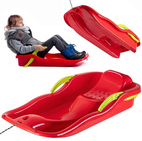 KADAX Kunststoffschlitten 85 x 40 x 18 cm, Bob Schlitten aus Kunststoff, Plastikschlitten mit Bremse für Kinder, Schneebob, Kinderschlitten aus Plastik, Rodelschlitten (Rot)