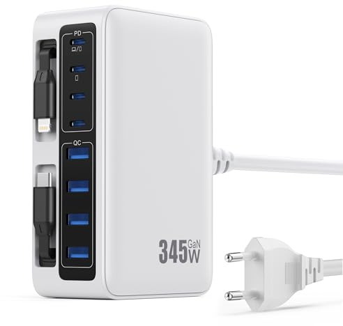 345W Chargeur USB C Multiple avec Câble Rétractable, 10-en-1 GaN VI Tech Prise USB, PD/PPS/QC Chargeur Rapide Multiple Station de Charge pour MacBook Pro/Air, iPhone, i Pad, Sam Sung Tablette (Blanc)