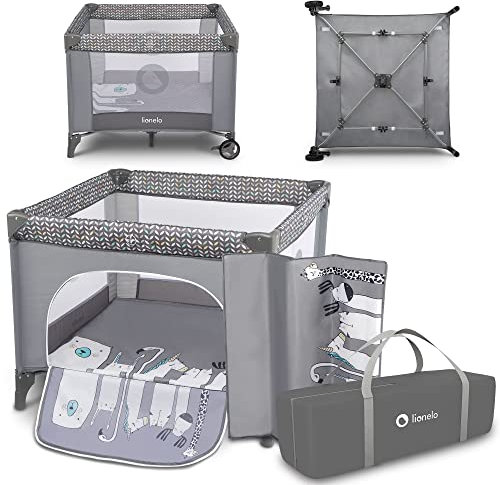 LIONELO LENE Cuna de viaje y parque 2 en 1, desde el nacimiento hasta los 15 kg, Sistema de cierre lateral con cremallera, Plegado rápido, Ruedas con freno, Bolsa de transporte, parque cuna, cuna bebe