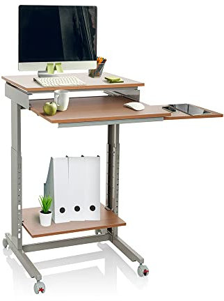 hjh OFFICE 830020 Schreibtisch Workstation Buche/Grau Stehpult Home-Office, höhenverstellbar mit Rollen, Tastaturauszug