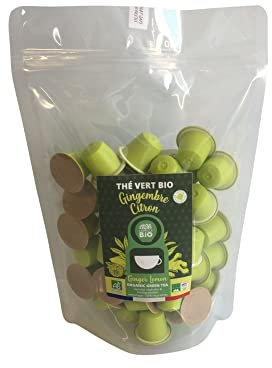 CAPSUL&BIO Thé Vert Gingembre et Citron Bio - 50 Capsules Biodégradables - Compatible avec les machines Nespresso - 100% Végétales - Rapide et Sain - Fabrication Française
