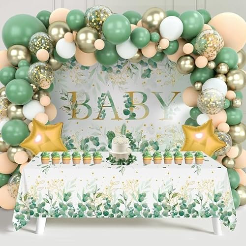 Grün Gold Baby Shower Deko Set, Luftballon Girlande mit Luftballons Grün, Gold, Weiß und Zartorange, Hintergrund und Tischdecke, Party Supplies für Babyparty Deko, Baby Shower, Waldtiere Geburtstag