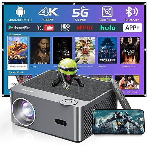 XGODY A45 Android Beamer unterstützt 4K Native 1080P FHD Projektor, 500 ANSI Autofokus Projector mit 2.4/5G WiFi und 5.0 Bluetooth, Smart Heimkino Video Beamer mit YouTube 8000+ APPs