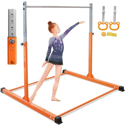 DINOFITNESS Barras de gimnasia para niños y adolescentes, equipo de gimnasia ajustable de 3 a 5 pies para el hogar, sistema de seguridad de doble enchufe, capacidad de peso de 300 libras (anillo de