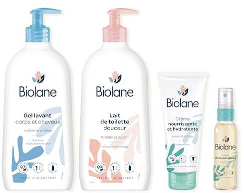 BIOLANE - Kit Bain & toillette - Bébé - Gel douche, Lait de toilette, Crème hydratante, Huile d'amande douce - Pour les peaux sensibles - Fabriqués en France