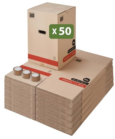 Pack And Move - Set med 50 premium flyttkartonger - 40 x 40 x 60 cm - extrem styrka 25 kg - återanvändbar, dubbel tjocklek - förstärkta handtag - 3 lim gratis