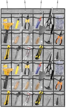 TEMUORG Werkzeug-Aufbewahrungstasche zum Aufhängen an der Tür, Wandmontage, Schrauben-Organizer, Garage, Zubehör, Organisation mit transparenten Taschen (36 Fächer)