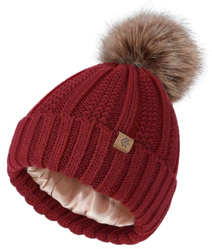 Creekstone tofsmössa satin fodrad mössa för kvinnor flickor, pom pom mössa, varm vinterhatt stickade mössor med fuskpäls pompom, mörkröd, one size