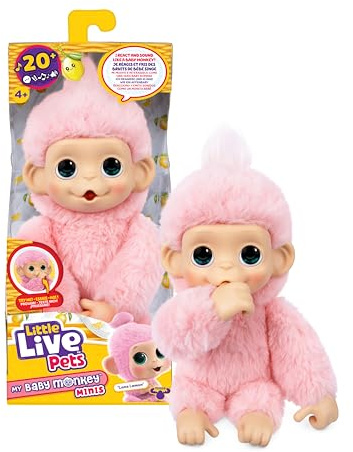 Little Live Pets Baby Monkey Minis – Luna Lemon. Interactive Pet Toy. 20+ Sounds & Reactions. Soft Pink Fur. 7.4 Tall. Feed, Nurture. React. Grippy Hands & Feet. Collect All 3