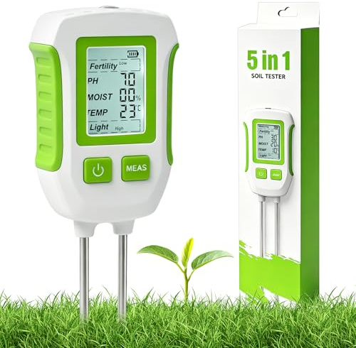 PATEMZON Medidor de Suelo, Medidor de pH Tierra 5 en 1, Medidor Humedad Plantas Suelo para Fertilidad/PH/Humedad/Temperatura/Luz con Pantalla LCD Retroiluminada para Jardinería Agricultura