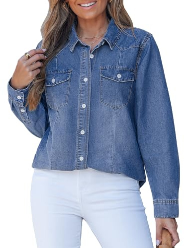 luvamia Women's Tops Womens Denim Shirt Women's Blouses & Button-Down Shirts Jean Shirts for Women Denim Blue Button Up Jean Shirt Woman Indigo Classic Blue Size Medium Fits US 8-10