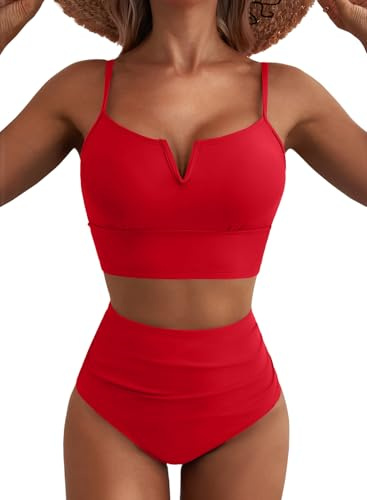 Herseas Popular Swimsuits for Women Tummy Control High Waisted Bathing Suit Retro Swim Suit 2026 Flattering Ruched Bikini Bottom Summer Beach Wear Red Large