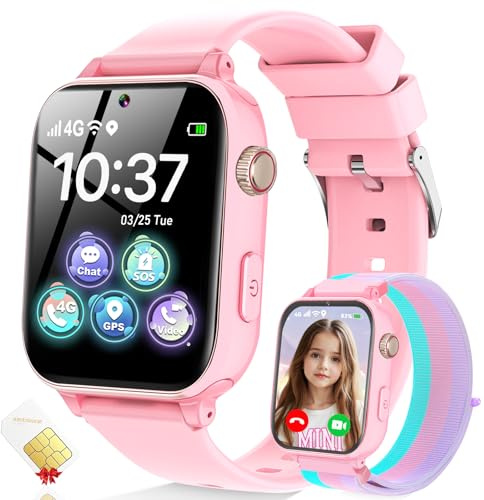 MOKAST 4G Kids Smart Watch for Boys Girls, Kid Watch Phone Ages 4-12 with Call, GPS, SOS, Video Call, Games, Camera, Alarm, Touchscreen Smartwatch for Children Birthday Gift (Includes SIM Card), Pink