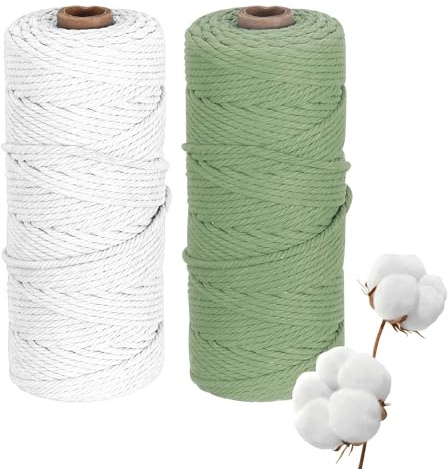 2 Pièces Corde Macramé 3mm Fil Macramé 3 mm x 100 m Fil Macrame Coton 3mm en Blanc Crème et Vert Clair pour Suspension Plantes Tissage Décoration et Projets DIY