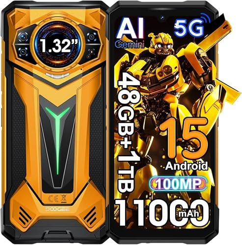 DOOGEENEXT S200 Ultra 5G AI Móvil Resistente, 1.32 AMOLED Pantalla Trasera, 48GB+1TB/2TB, 11000mAh 66W, 6.72 FHD+120Hz, 100MP+20MP Android 15 Teléfono Antigolpes, IP68/NFC/WiFi6/Face ID Dorado