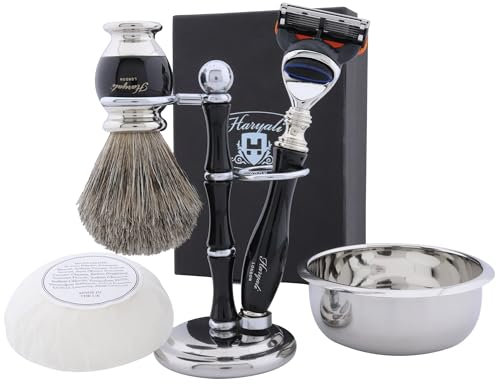 Haryali London Rasierset - 5 teilige Rasierset - 5 Rasierklingen Rasierhobel - Super Dachshaar Rasierpinsel - Rasierseife - Rasierschale - perfekt Rasierpinsel Set