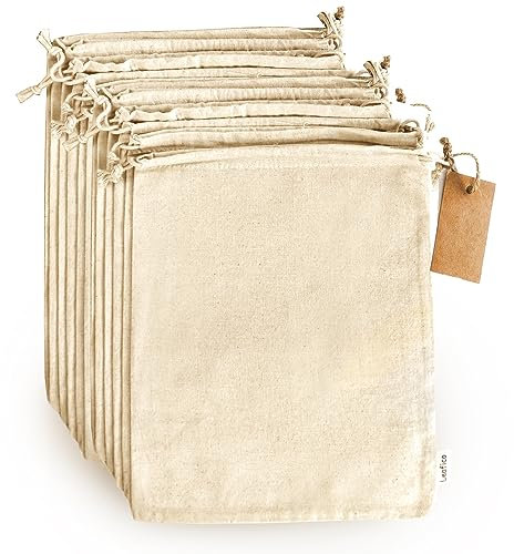 Leafico Sacchetti in Cotone Riutilizzabili Large 25x30 cm per Verdura, Frutta, Cipolle, Pane, Spesa Sfusa – Sacche Grandi Multiuso Lavabili e Naturali per Casa e Organizer – Confezione da 12 Pezzi